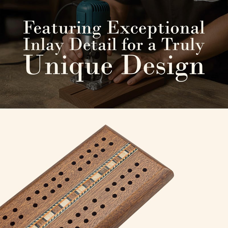 Sterling Games Wooden Cribbage 12 inch Double Track Cribbage Board with Rich Italian Inlaid for 2 Players Playing Cards Included - Image 2